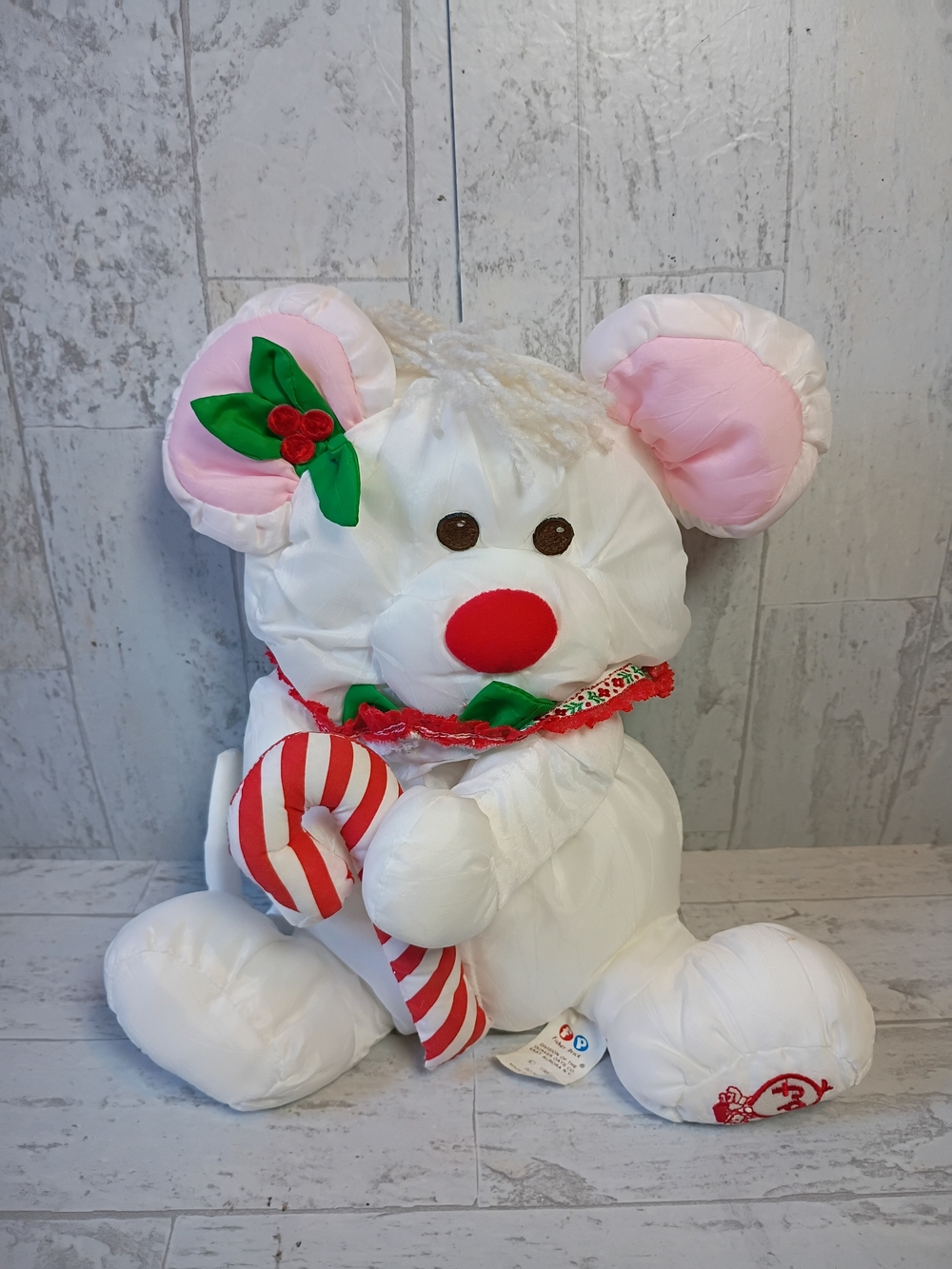 Fisher Price Vintage Puffalump 12" Plush Mouse Christmas Style Candy Cane White